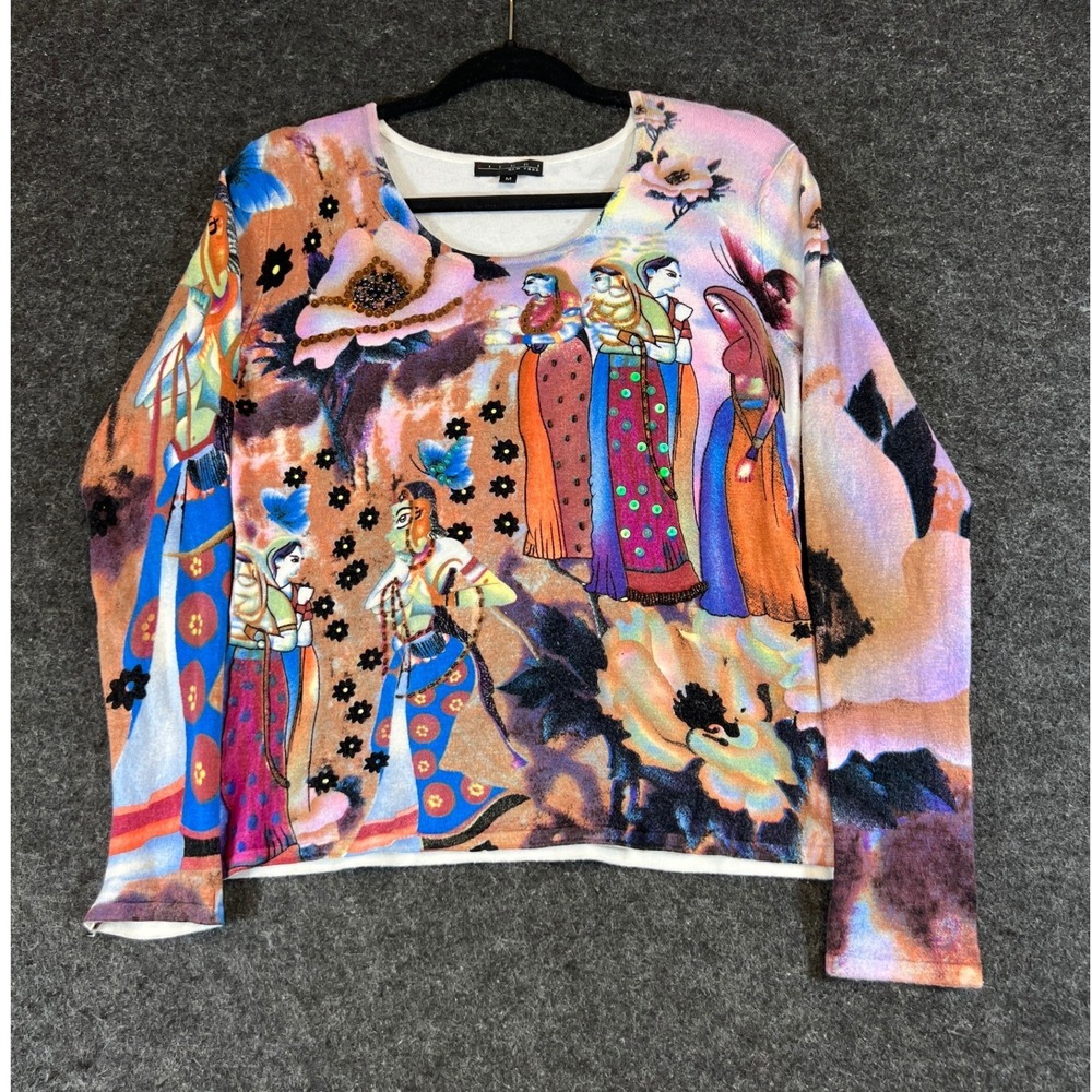 Vintage Abstract Euro Top Shirt Womens Medium Y2K Rayon Blend Beaded Sequin Tee